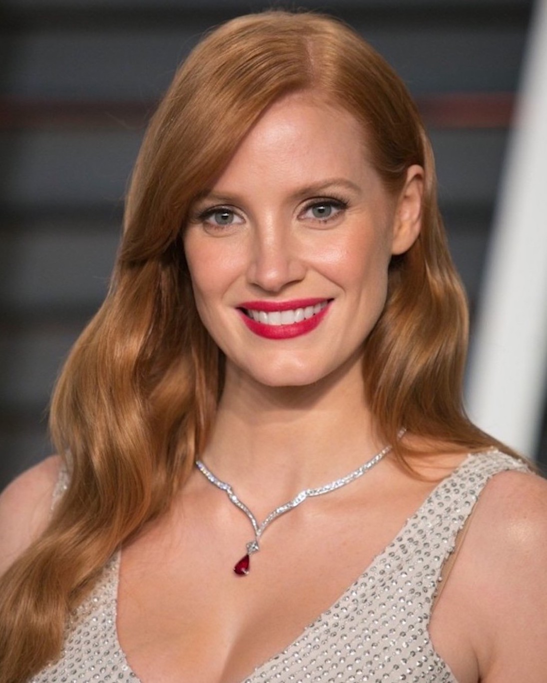 Jessica Chastain Beautiful Smiling Portrait In Low Cut Red