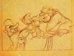 Concept art of Honest John handing Pinocchio over to the Coachman.