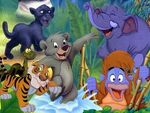 The Jungle Cub kids from left to right: Shere Khan, Kaa, Bagheera, Baloo, Hathi and Louie