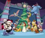 Disney characters decorating a Christmas tree together in this promotional image for Mickey's Magical Christmas: Snowed in at the House of Mouse