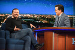 Ricky Gervais visiting The Late Show with Stephen Colbert in May 2017.