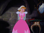 Cinderella, holding the dress, thanks the mice and birds.