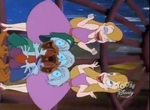 Huey, Dewey, and Louie and the Mergencer twins in a rollercoaster that's being turned on their side