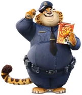 Clawhauser with his police cap, and a box of cereal.