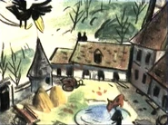 Jabber flies down to the chateau's farmyard.