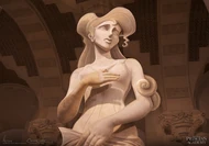 A statue of Megara in what appears to be a grand hall of some sort.