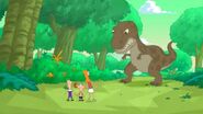 Phineas, Ferb, and Candace trying to not get the T-Rex's attention