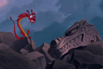 El Gran Dragón de Roca es destrozado a pedazos por Mushu.