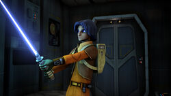 Ezra weilds Kanan's lightsaber