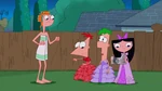 Isabella with Phineas and Ferb, in ballgowns