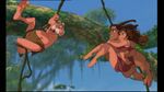 Jane swinging in the vines with Tarzan and her father
