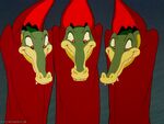 Three Alligators looking and smiling at Hyacinth Hippo while she's sleeping.