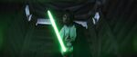 Luke holding his green lightsaber as seen in Kylo's version of the night Ben fell to the dark side.