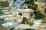 Concept artwork of Snow White working in the castle's courtyard by Gustaf Tenggren.