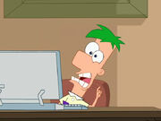 Ferb tries to talk with candy in his mouth.