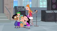 Isabella hugging Phineas while everyone hugs Perry