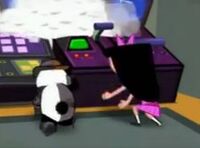 Isabella building a blueprint with Peter the Panda in the Across the 2nd Dimension video game