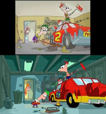 The stages of development for a scene during the opening theme, from the original draft (top) to the final design (bottom). The top appears briefly in the Season 1 theme.