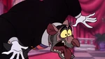 Ratigan coughing up his wine after hearing Bartholomew call him a rat