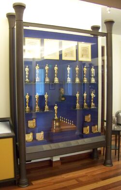 A large cabinet containing several golden statuettes and a few certificates.