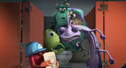 Randall slamming every door open, but not noticing Sulley, Mike and Boo