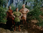 Robin, Little John, and Will Scarlet confronting Allan-a-Dale, Midge the Miller, and Maid Marian