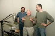 Bob Peterson and Pete Docter supervising Ed Asner's recording session.