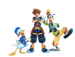 Sora, Donald Duck, and Goofy in Kingdom Hearts III.