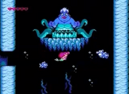 Ursula uses the cauldron to battle Ariel in the NES game.