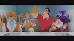 Chicken Little with Happy, Prince John, The Headless Horseman, Thomas O'Malley, Gaston, and Milo Thatch in Once Upon a Studio