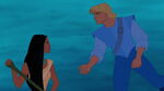 Pocahontas being offered help by John Smith