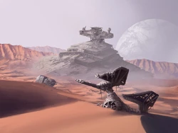 The wreck of a TIE Defender at the Starship Graveyard in Jakku