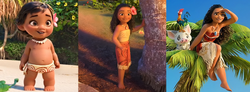 Moana as a 2-year-old toddler, a 10-year-old preteen, and a 16-year-old teenager.