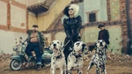 Primer vistazo a Emma Stone como Cruella de Vil, sujetando a los tres perros dálmatas de la Baronesa con una correa, con Joel Fry, Paul Walter Hauser y Bobby como Gaspar Badun, Horacio Badun y Buddy a su lado