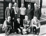 Left to Right: King, Ub Iwerks, Walt Disney, Carl Stalling, Gillett Kneeling, from left, Sharpsteen, Lundy, Gilson, and Ferguson