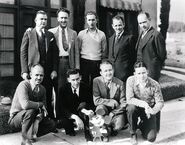 Left to Right: King, Iwerks, Walt Disney, Carl Stalling, Gillett Kneeling, from left, Sharpsteen, Lundy, Gilson, and Ferguson
