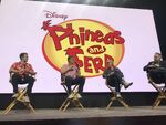Swampy with Dan and Vincent at the D23 2019 Phineas and Ferb panel.