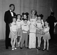 Dinah Shore with Sharon Baird, Doreen Tracey, Annette Funicello, Cubby O'Brien, Darlene Gillespie, and Karen Pendleton at a benefit in Spring of 1956.