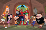 Hulk y los héroes de Marvel con los personajes de Phineas and Ferb.