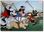Mickey and his teammates and Movie Stars riding a horse with polos.