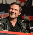 Christian Slater speaks at the 2014 New York Comic Con.