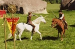 Edmund riding on Philip (right) while training with Peter riding on his unicorn (left)
