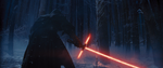 Kylo ignites his lightsaber, preparing to duel Rey and Finn.