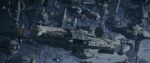 The Millennium Falcon arriving with thousands of ships to reinforce the Resistance and attack the Sith fleet.