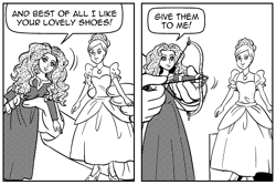 In Yuna's make-believe play, the Merida doll pointing her arrow at the Cinderella doll to rob her shoes.