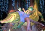 Br'er Frog on Br'er Gator's back going fishing at the Fishin' Place in the Disneyland version of the Splash Mountain attraction. (1989–2023)