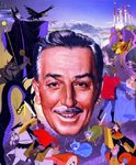 Publicity art of Disney surrounded by the characters of Sleeping Beauty.