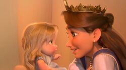 Queen Arianna with baby Rapunzel in Tangled.