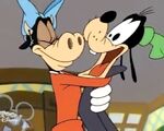 Clarabelle hugging Goofy in the Mickey Mouse Works short "How to Be a Spy"