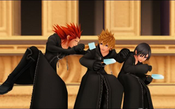 Xion, Axel, and Roxas eating ice cream on the clocktower.